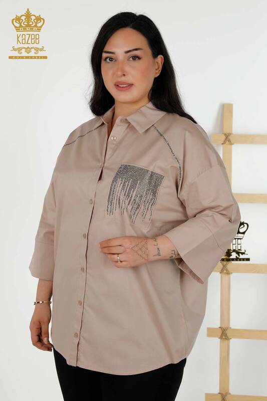 All'ingrosso Camicia da donna - Tasca Pietra ricamata - Beige - 20346 | KAZEE