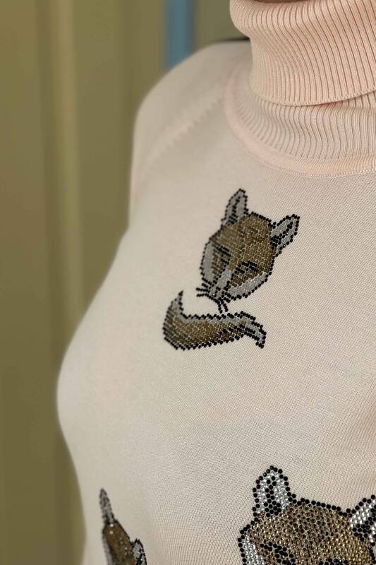 Maglieria da donna all'ingrosso maglione dolcevita ricamato pietra - 15886 | KAZEE