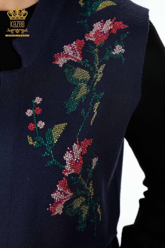 All'ingrosso Maglieria da donna Gilet - Fiore colorato ricamato Tasca - Lungo - 16844 | KAZEE