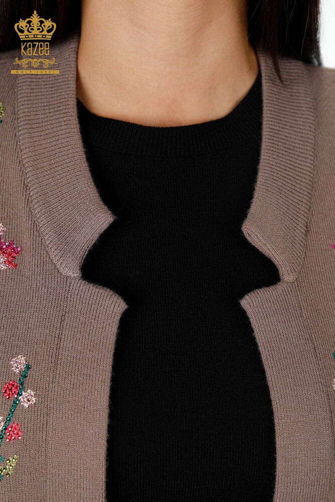 All'ingrosso Maglieria da donna Gilet - Fiore colorato ricamato Tasca - Lungo - 16844 | KAZEE - 22