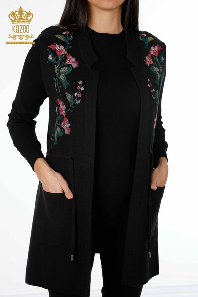 All'ingrosso Maglieria da donna Gilet - Fiore colorato ricamato Tasca - Lungo - 16844 | KAZEE - 25