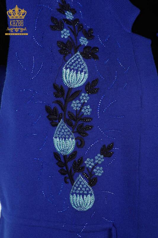 Ingrosso Maglieria Donna Gilet Motivo Floreale - Lungo - Pietra Ricamata - 16809 | KAZEE