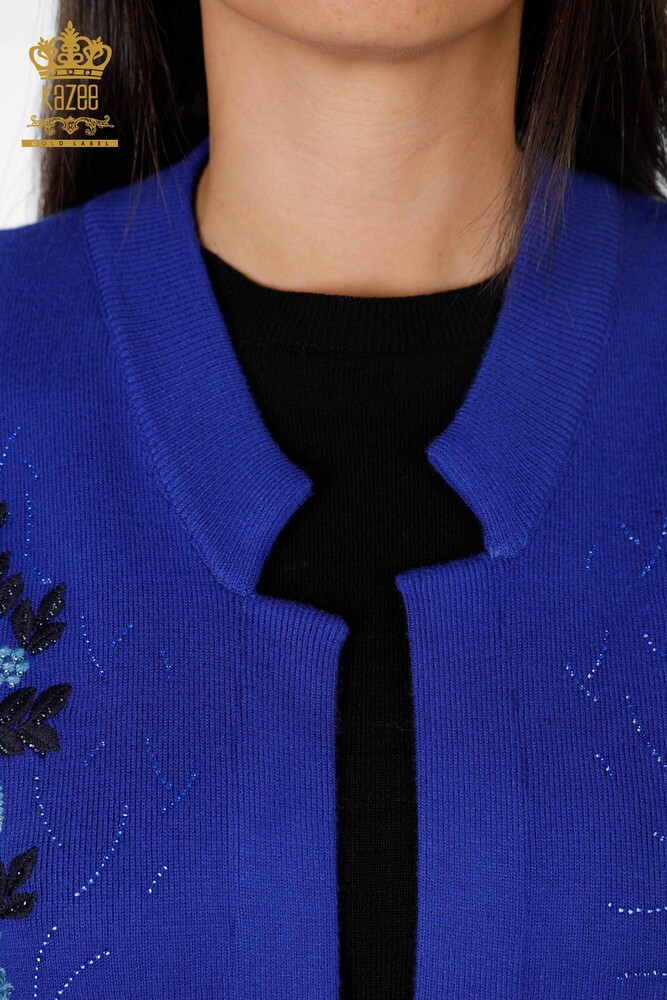 Ingrosso Maglieria Donna Gilet Motivo Floreale - Lungo - Pietra Ricamata - 16809 | KAZEE - 5