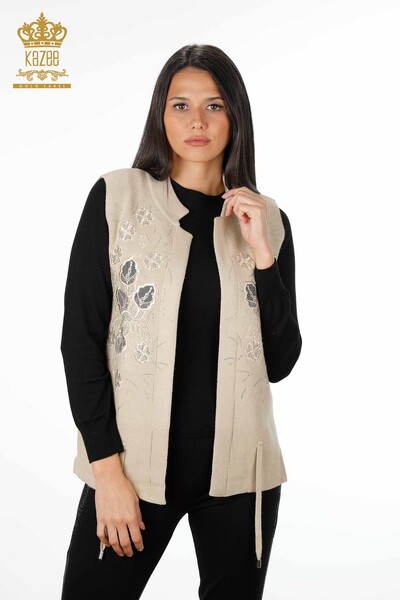 All'Ingrosso Maglieria Donna Gilet - Ricamo Pietre Ricamato - Corto - Modellato Floreale - 16839 | KAZEE - 8