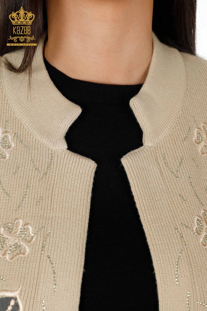 All'Ingrosso Maglieria Donna Gilet - Ricamo Pietre Ricamato - Corto - Modellato Floreale - 16839 | KAZEE - 11