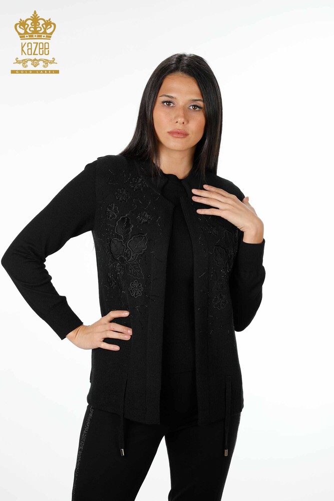 All'Ingrosso Maglieria Donna Gilet - Ricamo Pietre Ricamato - Corto - Modellato Floreale - 16839 | KAZEE - 16