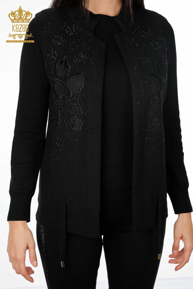 All'Ingrosso Maglieria Donna Gilet - Ricamo Pietre Ricamato - Corto - Modellato Floreale - 16839 | KAZEE - 17