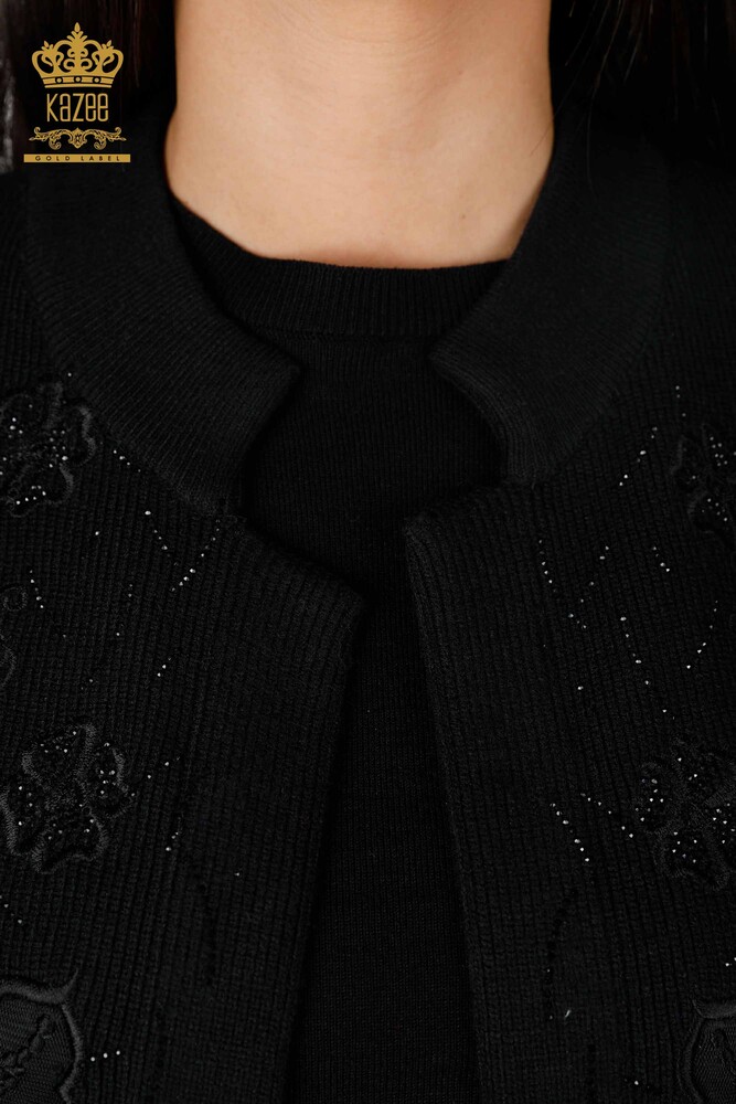 All'Ingrosso Maglieria Donna Gilet - Ricamo Pietre Ricamato - Corto - Modellato Floreale - 16839 | KAZEE - 21