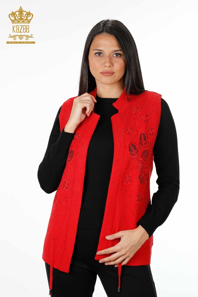 All'Ingrosso Maglieria Donna Gilet - Ricamo Pietre Ricamato - Corto - Modellato Floreale - 16839 | KAZEE - 30