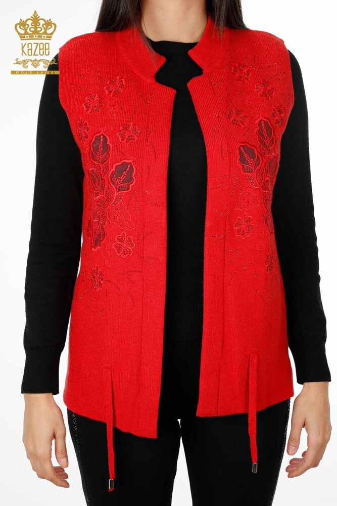 All'Ingrosso Maglieria Donna Gilet - Ricamo Pietre Ricamato - Corto - Modellato Floreale - 16839 | KAZEE - 31
