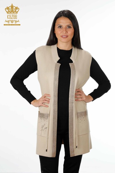 All'Ingrosso Gilet Maglieria Donna - Tasca Scritta Pietra Ricamata - Bordo Rigato - 16829 | KAZEE - 1