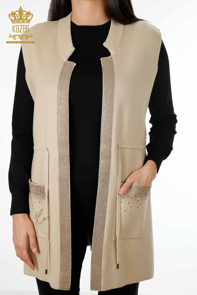All'Ingrosso Gilet Maglieria Donna - Tasca Scritta Pietra Ricamata - Bordo Rigato - 16829 | KAZEE - 2