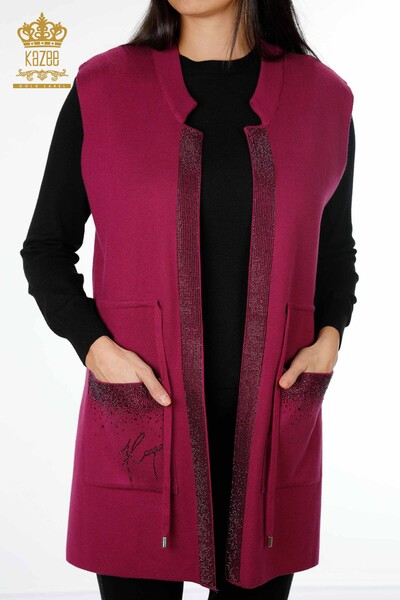 All'Ingrosso Gilet Maglieria Donna - Tasca Scritta Pietra Ricamata - Bordo Rigato - 16829 | KAZEE - 8