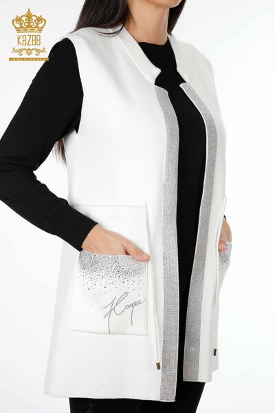 All'Ingrosso Gilet Maglieria Donna - Tasca Scritta Pietra Ricamata - Bordo Rigato - 16829 | KAZEE - 15