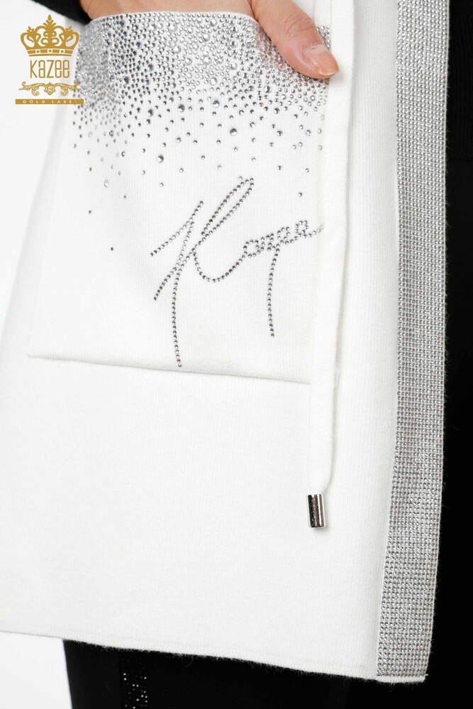 All'Ingrosso Gilet Maglieria Donna - Tasca Scritta Pietra Ricamata - Bordo Rigato - 16829 | KAZEE - 16