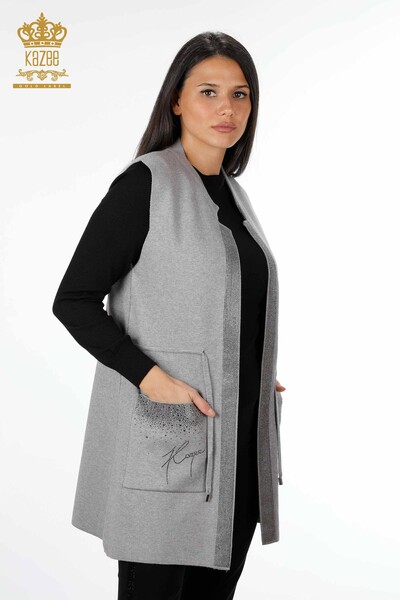All'Ingrosso Gilet Maglieria Donna - Tasca Scritta Pietra Ricamata - Bordo Rigato - 16829 | KAZEE - 20