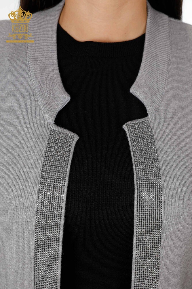 All'Ingrosso Gilet Maglieria Donna - Tasca Scritta Pietra Ricamata - Bordo Rigato - 16829 | KAZEE - 24