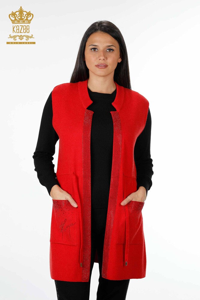 All'Ingrosso Gilet Maglieria Donna - Tasca Scritta Pietra Ricamata - Bordo Rigato - 16829 | KAZEE - 32