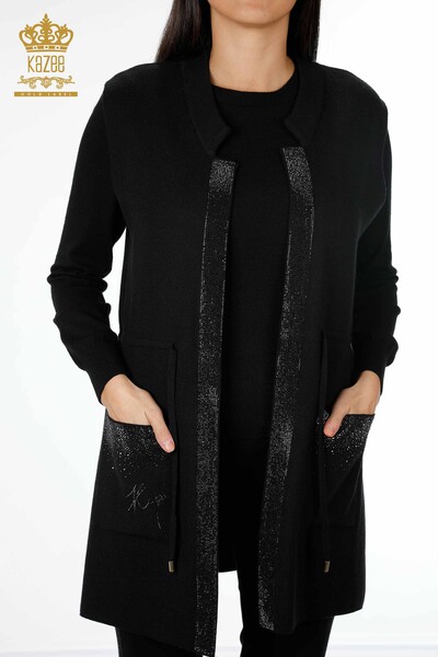 All'Ingrosso Gilet Maglieria Donna - Tasca Scritta Pietra Ricamata - Bordo Rigato - 16829 | KAZEE - 53