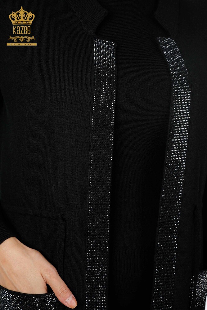 All'Ingrosso Gilet Maglieria Donna - Tasca Scritta Pietra Ricamata - Bordo Rigato - 16829 | KAZEE - 54