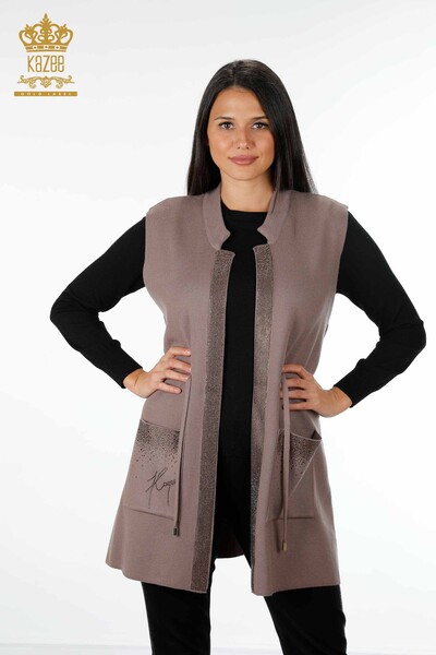 All'Ingrosso Gilet Maglieria Donna - Tasca Scritta Pietra Ricamata - Bordo Rigato - 16829 | KAZEE - 60