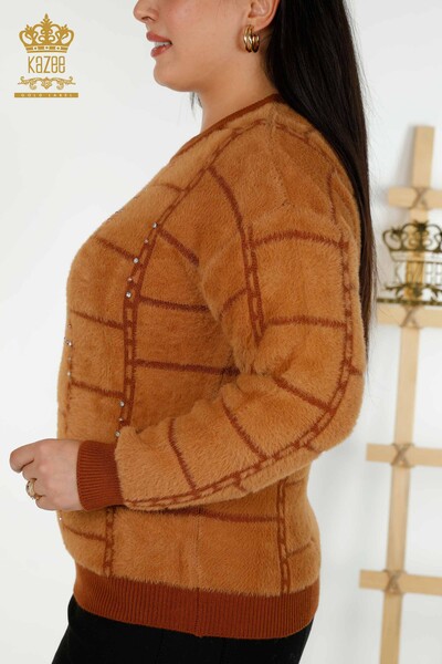 Maglieria da donna all'ingrosso maglione pietra d'angora ricamata marrone - 30209 | KAZEE - Thumbnail