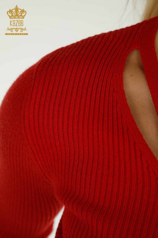 All'ingrosso Maglione di maglieria da donna - Colletto dettagliato - Rosso - 30392 | KAZEE