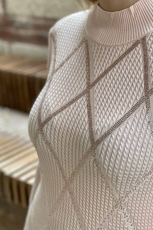 All'ingrosso Maglione di maglieria da donna - Colletto rialzato - Modellato - 16293 | KAZEE