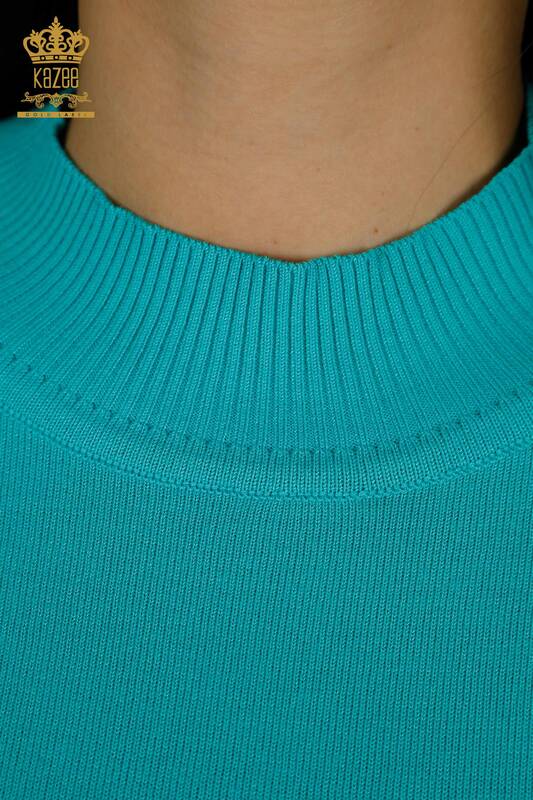 All'ingrosso Maglione di maglieria da donna - Colletto rialzato - Basic - Turchese - 30613 | KAZEE
