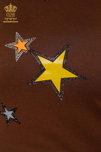 Maglieria da donna all'ingrosso Maglione con motivo a stelle colorate marrone chiaro - 15957 | KAZEE - Thumbnail