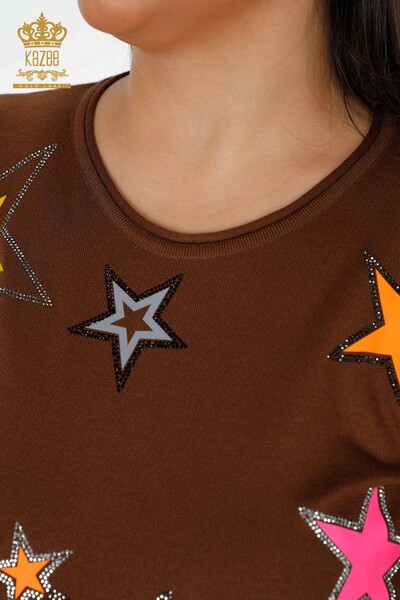 Maglieria da donna all'ingrosso Maglione con motivo a stelle colorate marrone chiaro - 15957 | KAZEE - Thumbnail