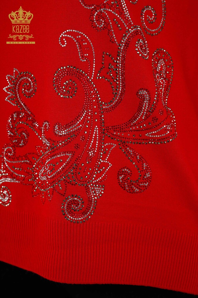 Maglione all'ingrosso di maglieria da donna - Cristallo Pietra ricamata - Rosso - 30013 | KAZEE - 4