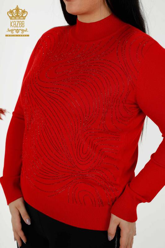 Maglione all'ingrosso di maglieria da donna Ricamato in pietra di cristallo Rosso - 30018 | KAZEE
