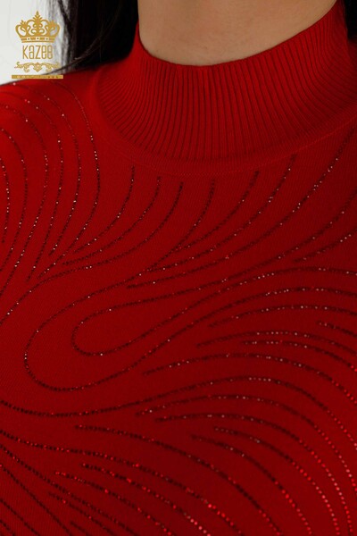 Maglione all'ingrosso di maglieria da donna Ricamato in pietra di cristallo Rosso - 30018 | KAZEE - Thumbnail