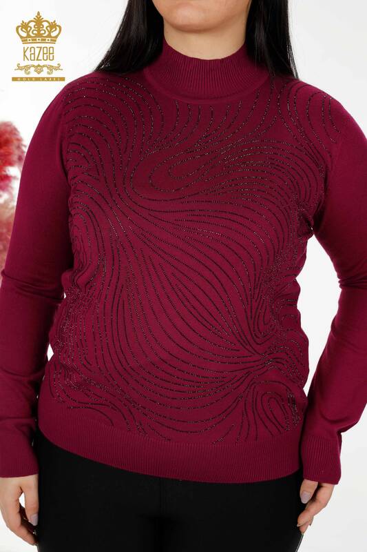 Maglione all'ingrosso di maglieria da donna Ricamato in pietra di cristallo Viola - 30018 | KAZEE