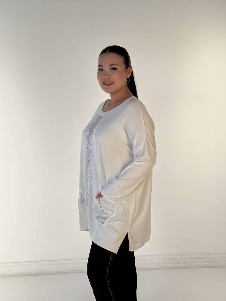 Maglieria da donna all'ingrosso Maglione con tasca ricamata in pietra di cristallo dettagliata Ecru - 30602 | KAZEE - 2