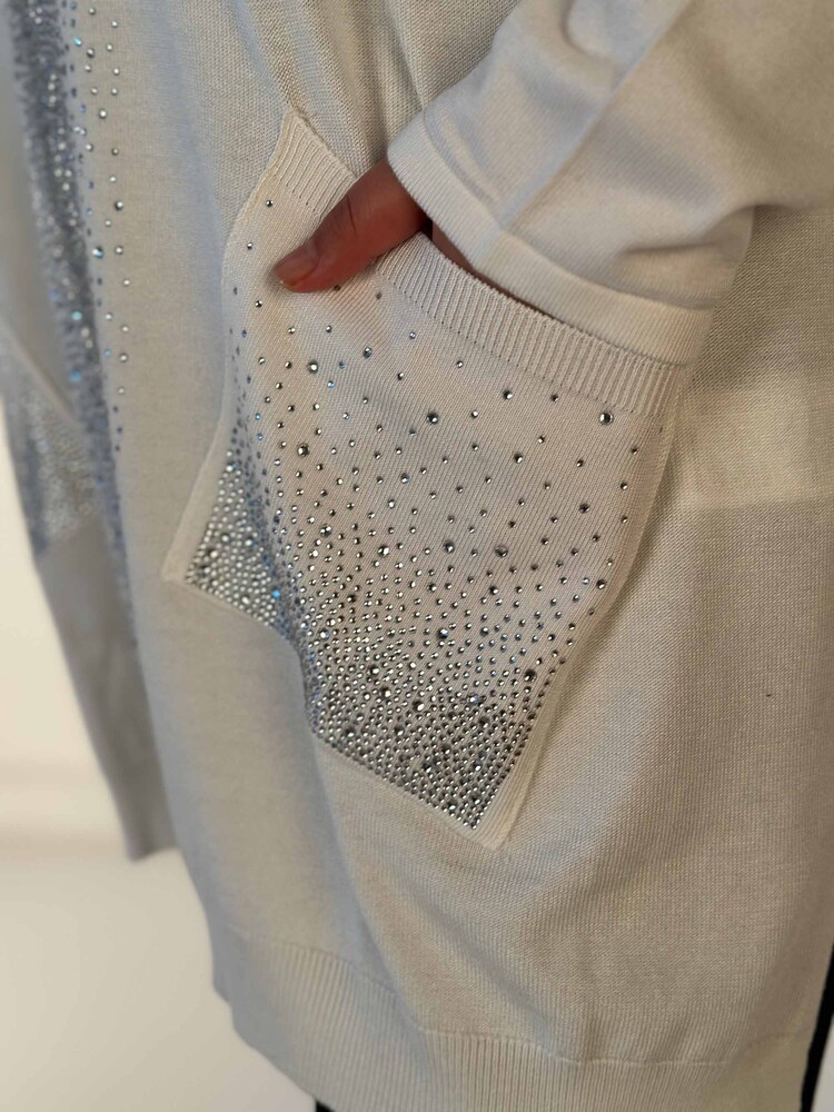 Maglieria da donna all'ingrosso Maglione con tasca ricamata in pietra di cristallo dettagliata Ecru - 30602 | KAZEE - 5