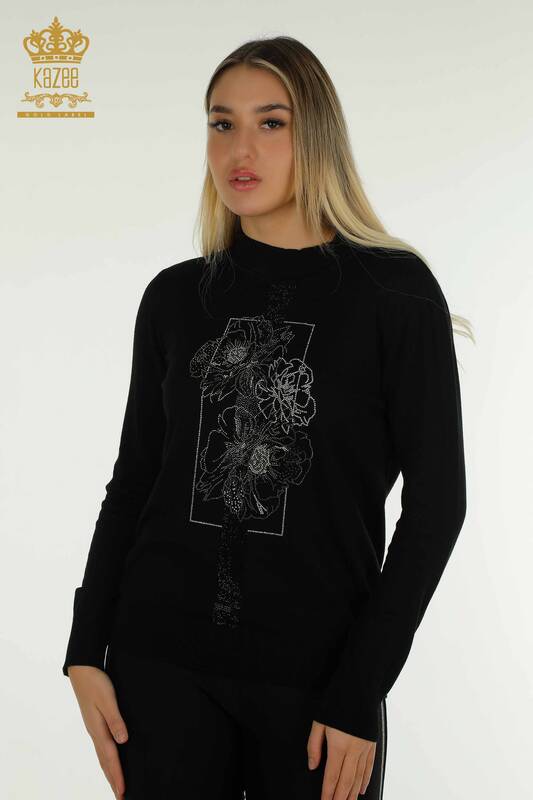 All'ingrosso Maglione di maglieria da donna - ricamato floreale - nero - 30614 | KAZEE