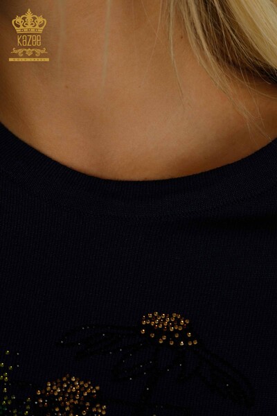 All'ingrosso Maglione di maglieria da donna - Fiore ricamato - Blu navy - 30612 | KAZEE - Thumbnail