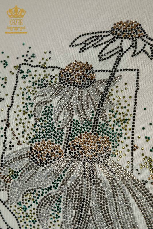 All'ingrosso Maglione di maglieria da donna - Fiore ricamato - Ecru - 30612 | KAZEE