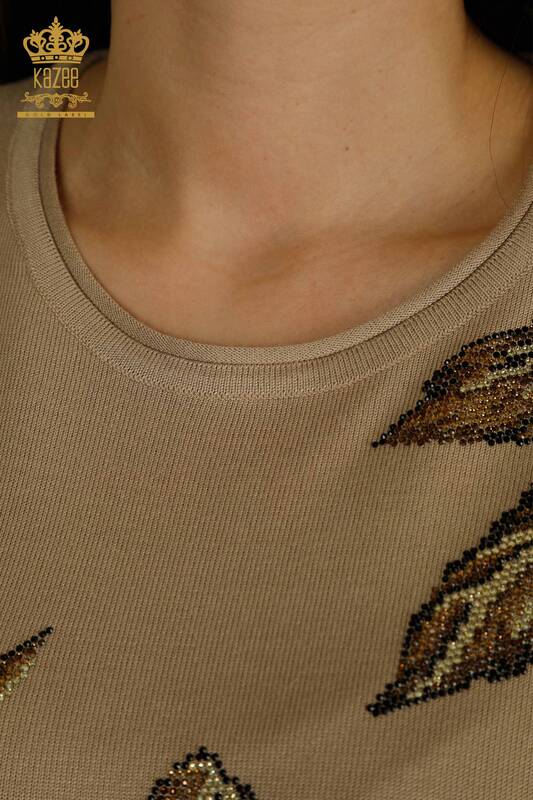 All'ingrossoMaglione di maglieria da donna - Motivo a foglie - Beige - 30477 | KAZEE