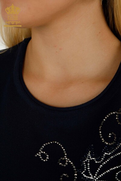 All'ingrosso Maglione di maglieria da donna - Foglia ricamata - Blu navy - 30654 | KAZEE - Thumbnail
