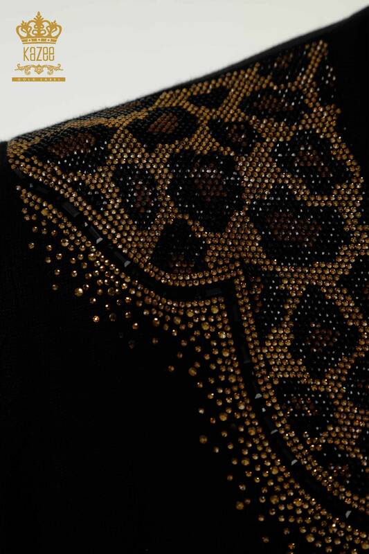 All'ingrosso Maglione di maglieria da donna - Leopardo Pietra Ricamato - Nero - 30329 | KAZEE
