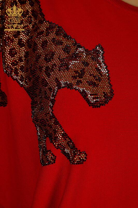 All'ingrosso Maglione Maglieria da Donna - Leopardo Pietra Ricamato - Rosso - 30633 | KAZEE