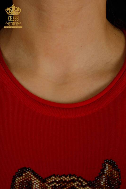 All'ingrosso Maglione di maglieria da donna - Leopardo Pietra Ricamato - Rosso - 30747 | KAZEE