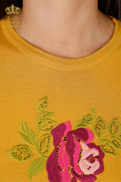 Maglieria da donna all'ingrosso Maglione a maniche lunghe con ricamo in pietra a motivi rosa - 16846 | KAZEE - Thumbnail