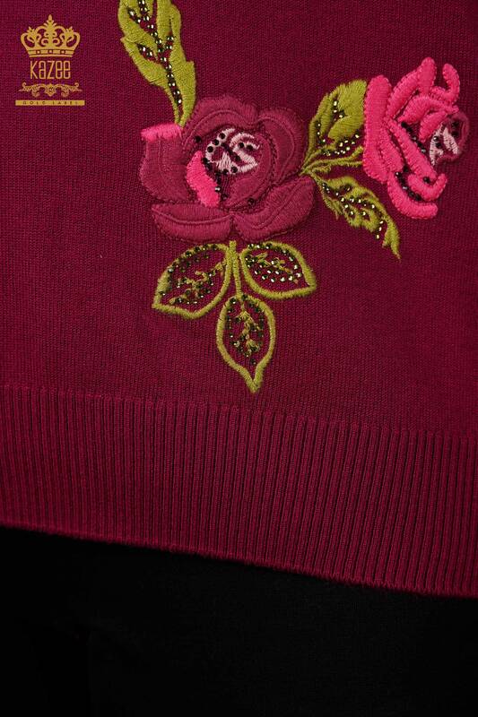 Maglieria da donna all'ingrosso Maglione a maniche lunghe con ricamo in pietra a motivi rosa - 16846 | KAZEE