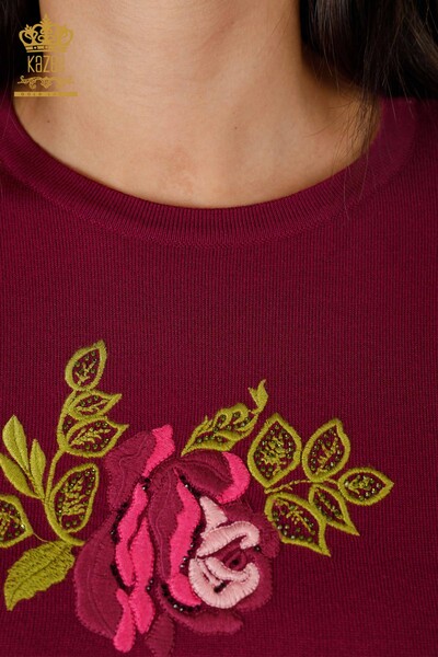 Maglieria da donna all'ingrosso Maglione a maniche lunghe con ricamo in pietra a motivi rosa - 16846 | KAZEE - Thumbnail