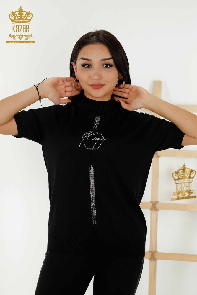 Maglione all'ingrosso di maglieria da donna modello americano nero - 16639 | KAZEE - 1