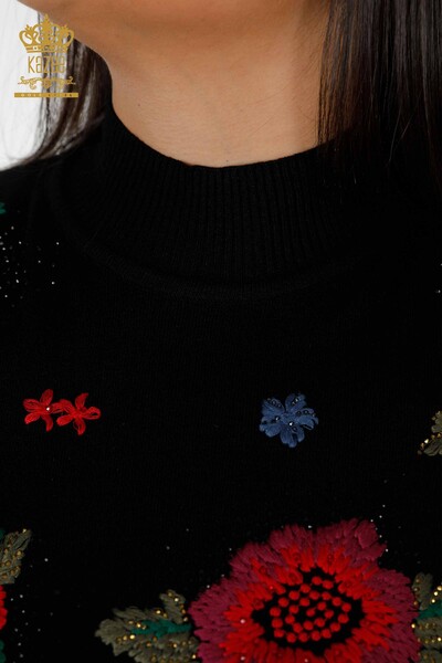 Maglieria all'ingrosso da donna Maglione colorato motivo floreale nero - 16892 | KAZEE - Thumbnail